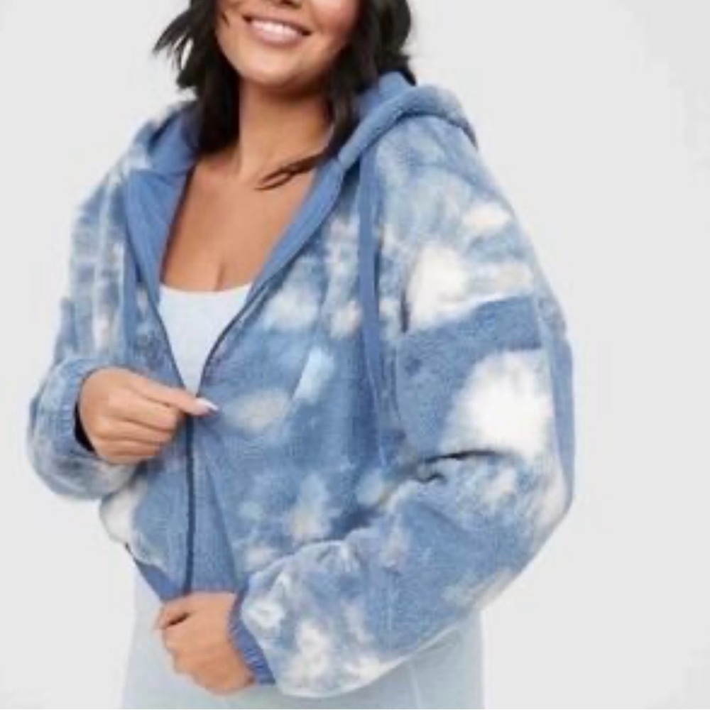 Women’s Aerie Offline Blue Tie-Dye Sherpa Fleece Full Zip Cropped Hoodie Size XL